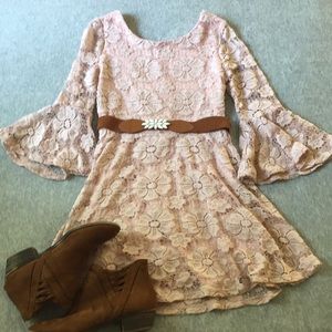 Dusty Rose Lace Dress With Bell Sleeves